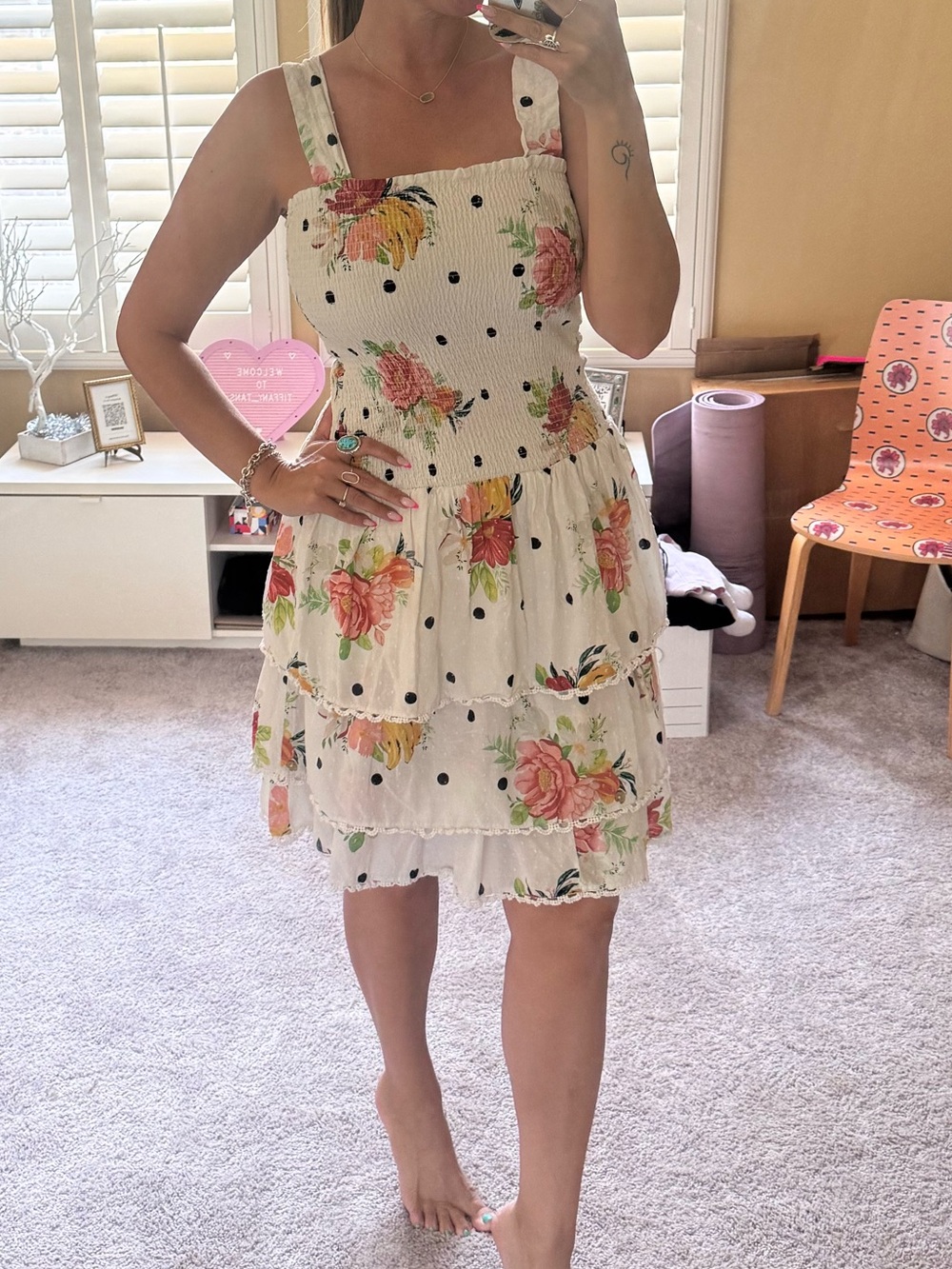 Floral Tiered Smocked Sundress in Cream with Pink & Yellow Blooms